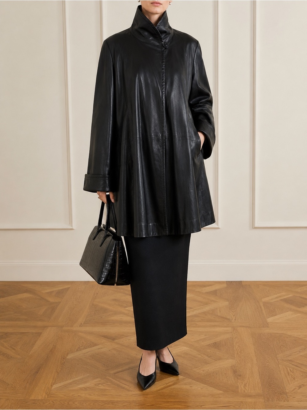 York Furrier Butter Soft Lambskin Leather Coat Black Oversized Y2K A Line Sz S - Picture 5 of 15